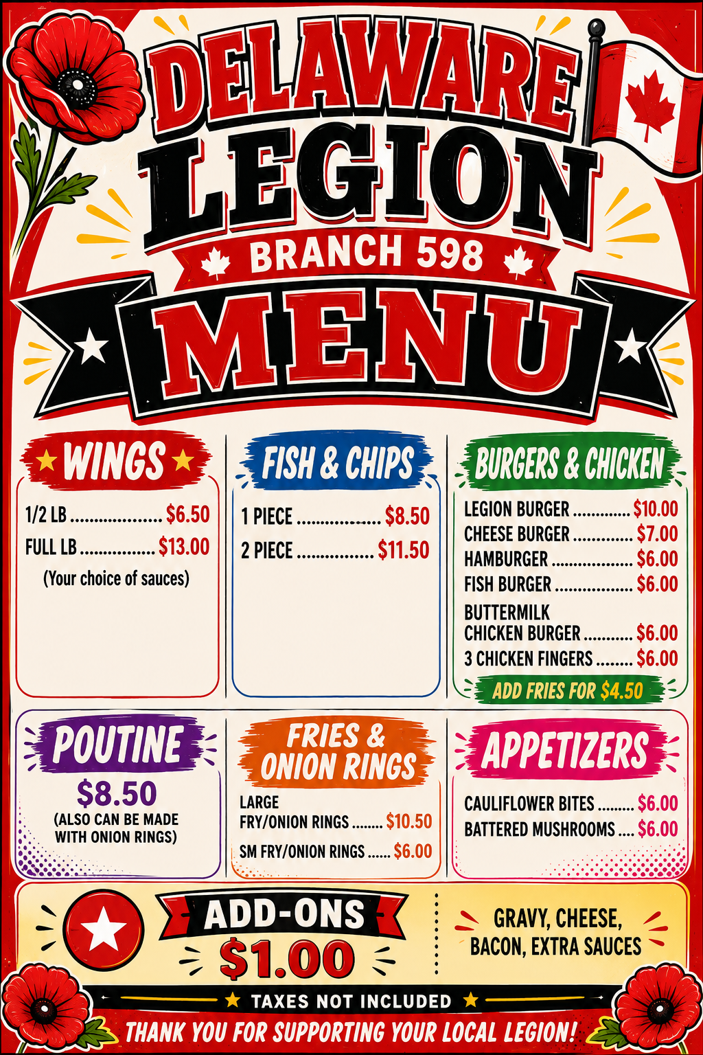 Delaware Legion Branch 598 Menu